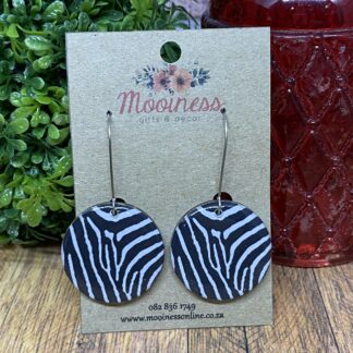 PE5305 Blac Zebra Print Drop Hook Wood & Resin Earrings 30mm