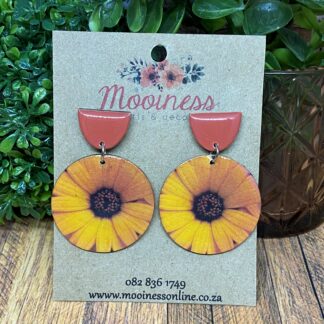 AJ0685 Orange Daisy Wood & Resin Stud Drop Earrings 40mm