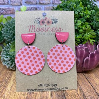AJ5216-10 Pink Polka Dot Wood & Resin Stud Drop Earrings 40mm