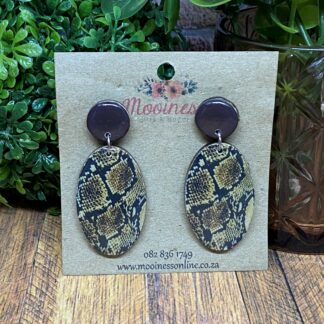 AQ5314 Brown Snake Print Oval Drop Wood & Resin Earrings 60mm