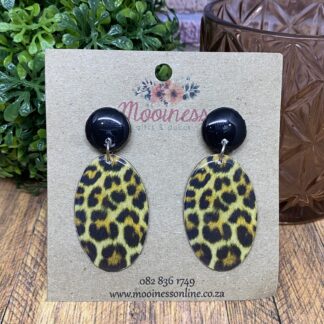 AQ5319 Brown Leopard Print Oval Drop Wood & Resin Earrings 60mm
