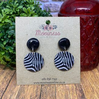 AY5305-01 Black Zebra Print Stud Drop Wood & Resin Earrings 40mm