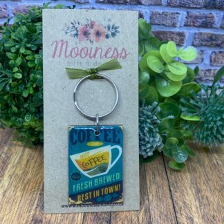 KR0114 Hot Coffee Fresh Brewed Wood & Resin Keyring 35x50mm