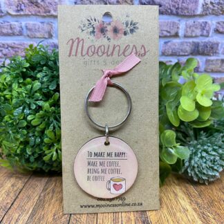 KRM0118 Coffee Make Me Happy Wood & Resin Keyring 40mm