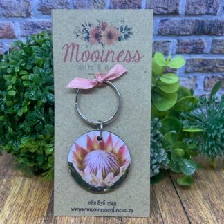 KRM1101 Soft Pink Protea Wood & Resin Keyring 40mm