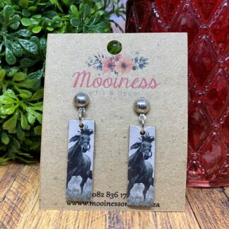 PC7221 Black Horse Stud Drop Wood & Resin Earrings 40mm