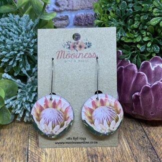 PE0401 Soft Pink Protea Drop Hook Wood & Resin Earrings 30mm