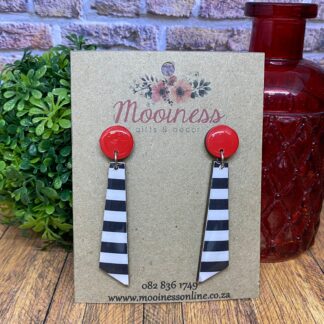PO1504-28 Black & White Stripes with Red Stud Drop Wood & Resin Earrings 70mm