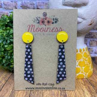 PO5213-62 Black Polka & Yellow Stud Drop Wood & Resin Earrings 70mm