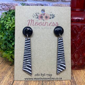 PO5305-01 Black Zebra Print Stud Drop Wood & Resin Earrings 70mm